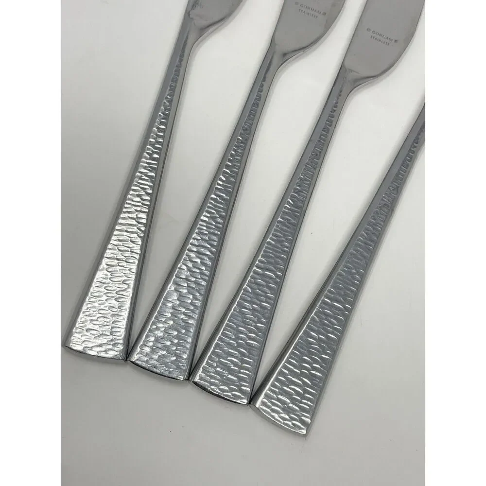 Gorham BISCAYNE Dinner Knives 18/10 Stainless Flatware Hammered 8 7/8” Set Of 4